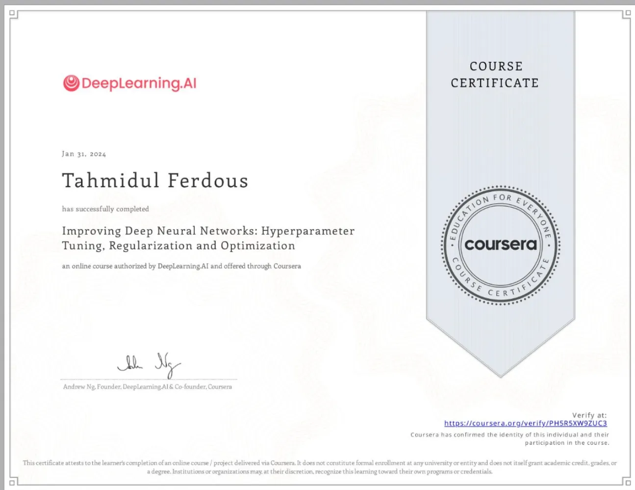 Improving Deep Neural Networks certificate