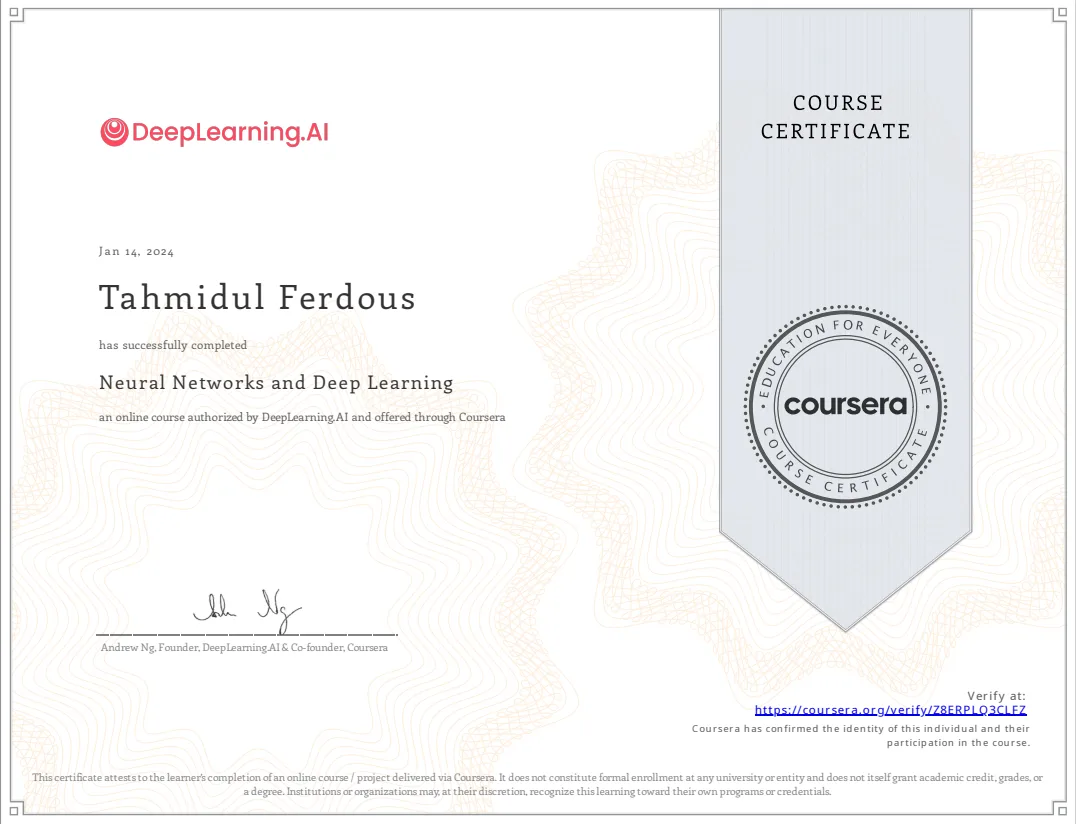 Neural Networks & Deep Learning certificate